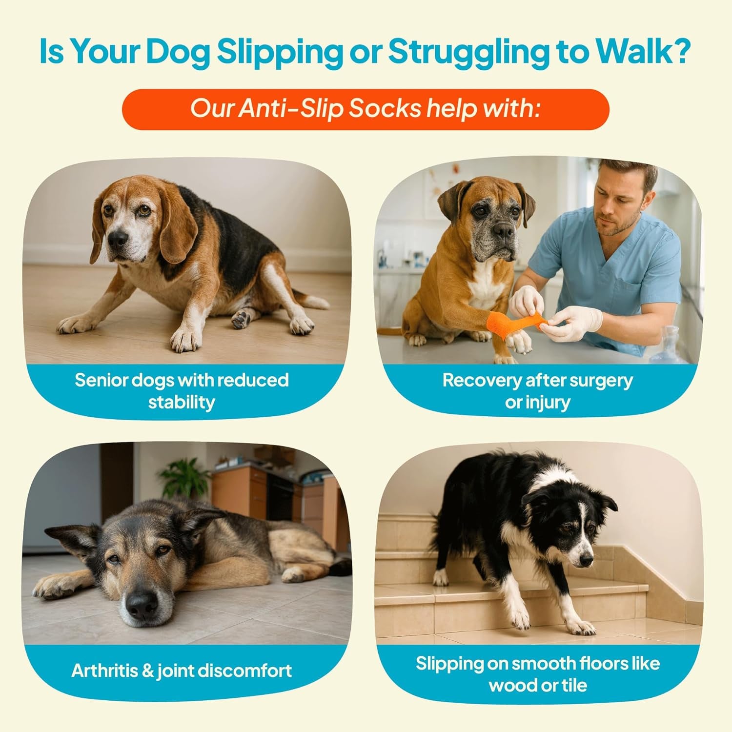 Anti-Slip Socks for Dogs - Breathable & Washable Non Slip Grippy Socks, Rubberized Paw & Adjustable Strap, Secure Fit to Prevent Slipping, Paw Protection for Senior Dogs, 4 Pack (Size XXL)