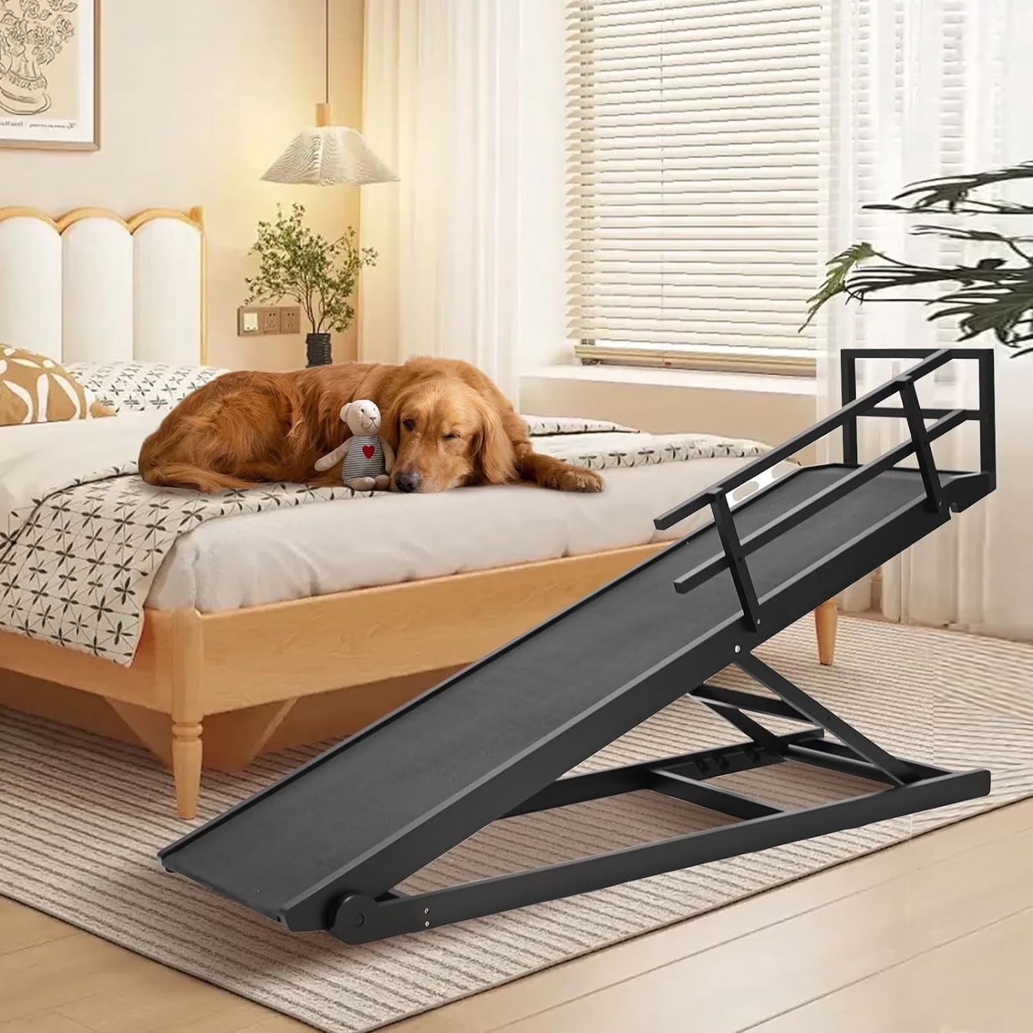 Foldable Pet Ramp Bed for Dogs Cats with Non-Slip Rubber,15.7"-27.5" Height Adjustable , 55.1"Lx17.7"W,Black