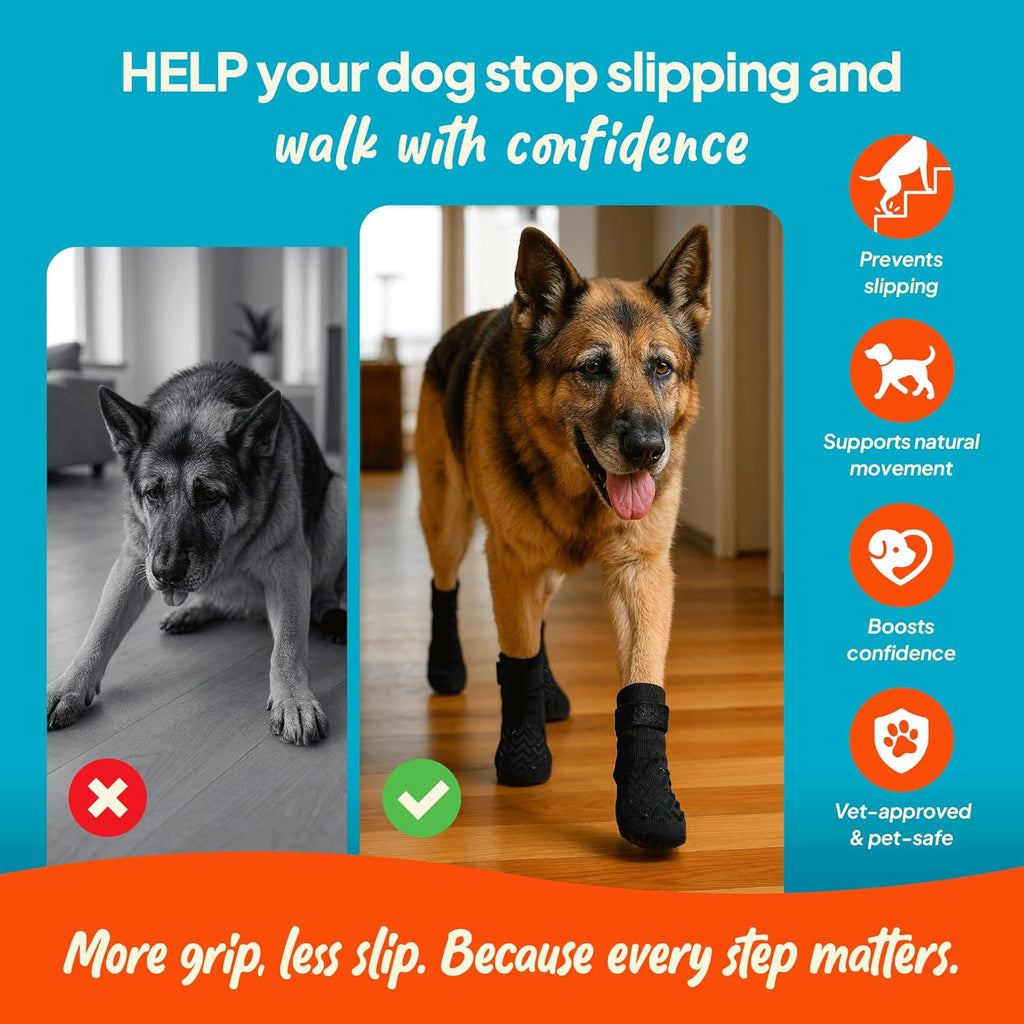 Anti-Slip Socks for Dogs - Breathable & Washable Non Slip Grippy Socks, Rubberized Paw & Adjustable Strap, Secure Fit to Prevent Slipping, Paw Protection for Senior Dogs, 4 Pack (Size XXL)