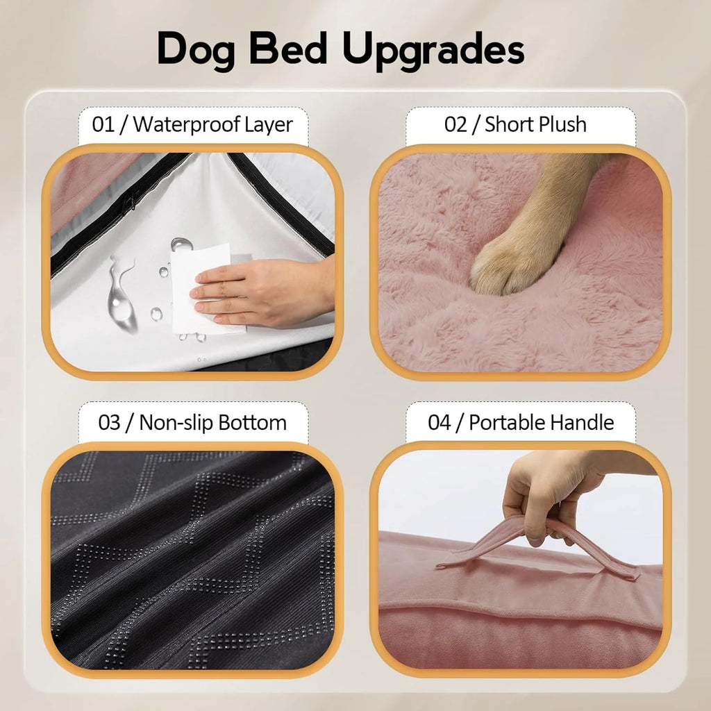 Large Dog Bed - Orthopedic Egg-Crate Memory Foam Dog Beds with Removable Washable Cover, Waterproof Pet Beds with Non-Slip Bottom(Pink)