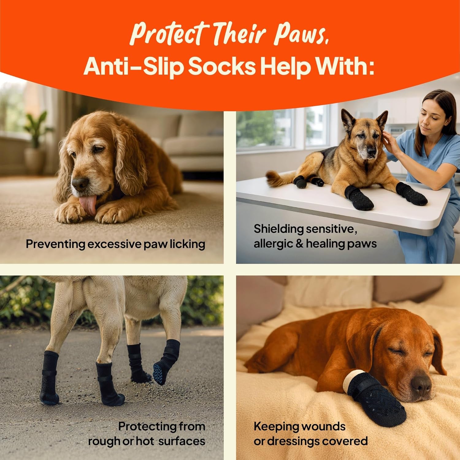 Anti-Slip Socks for Dogs - Breathable & Washable Non Slip Grippy Socks, Rubberized Paw & Adjustable Strap, Secure Fit to Prevent Slipping, Paw Protection for Senior Dogs, 4 Pack (Size XXL)