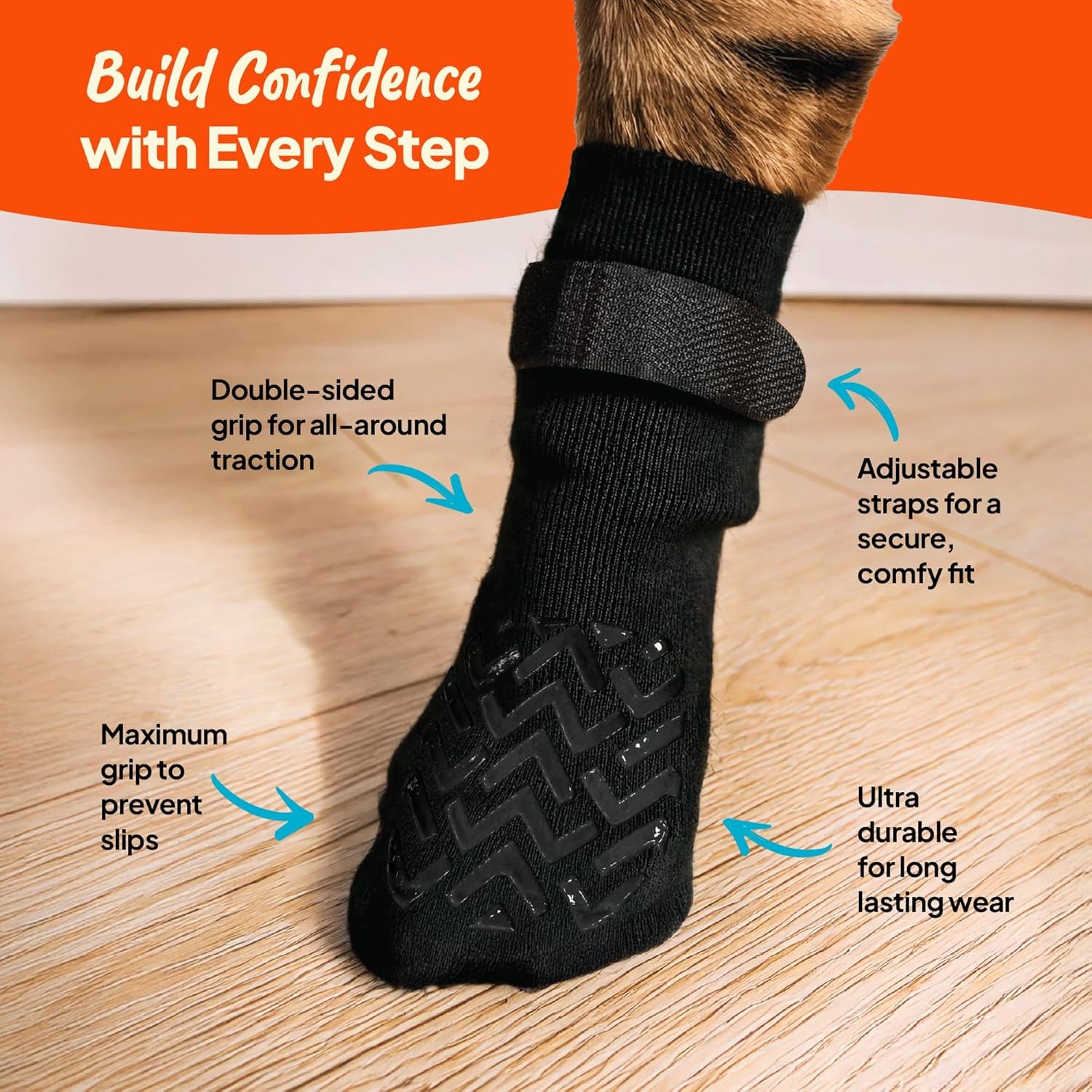 Anti-Slip Socks for Dogs - Breathable & Washable Non Slip Grippy Socks, Rubberized Paw & Adjustable Strap, Secure Fit to Prevent Slipping, Paw Protection for Senior Dogs, 4 Pack (Size XXL)