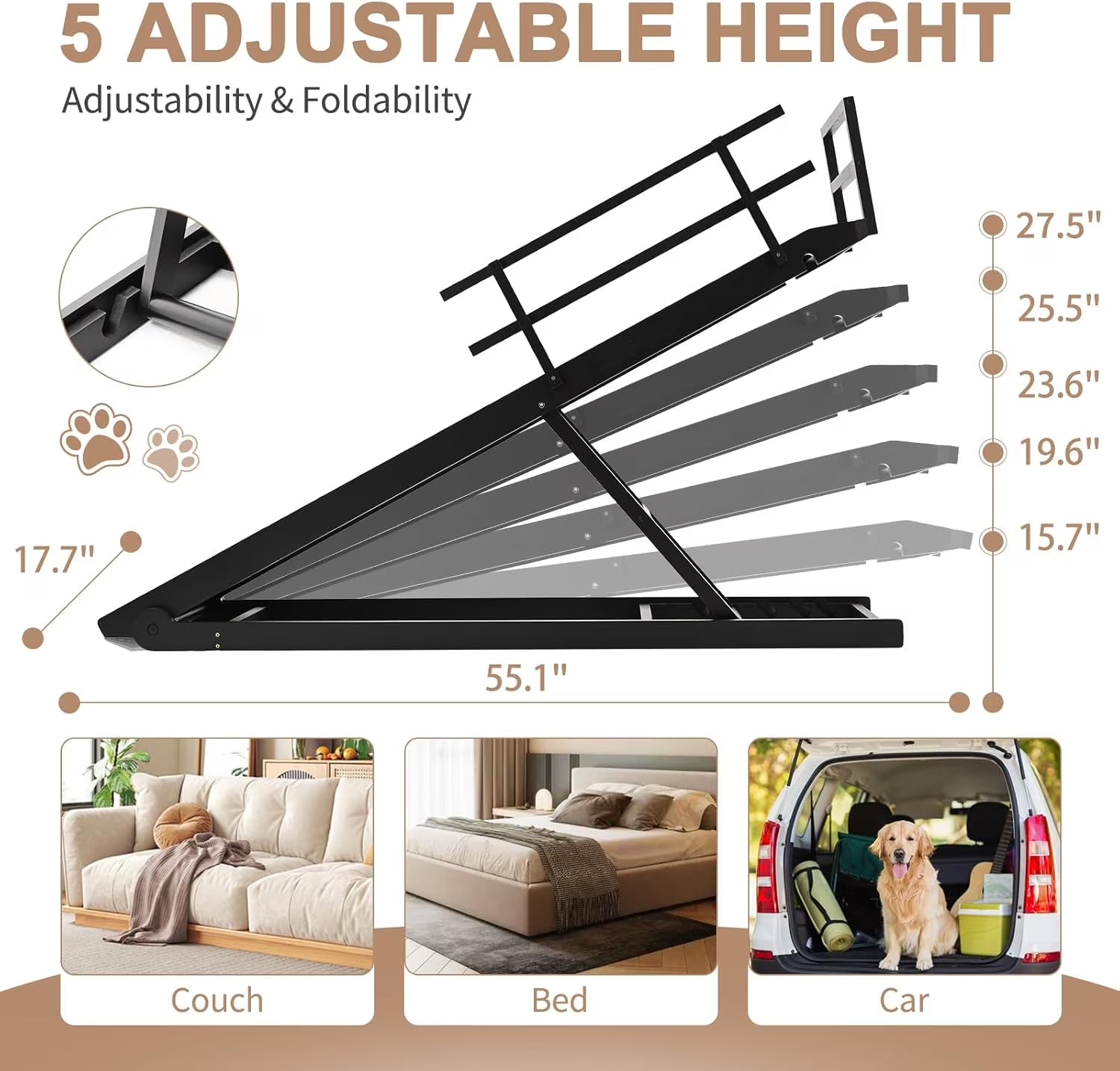 Foldable Pet Ramp Bed for Dogs Cats with Non-Slip Rubber,15.7"-27.5" Height Adjustable , 55.1"Lx17.7"W,Black